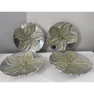 Mariposa Set of 4 Floral Plates 7” Made in Mexico Silver Tone Trinket Dishes